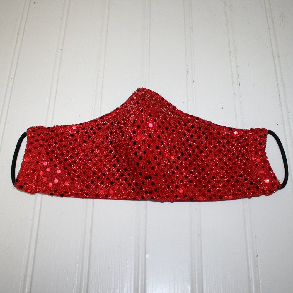 HANDMADE Red Sequin Fabric Face Mask Shield - Picture 2 of 4